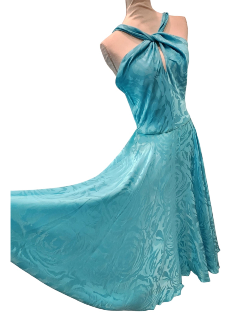 Vintage 70s Silk Clovis Ruffin Turquoise Keyhole Halter Full Skirt Dress 10 M
